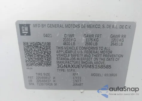 2021 Chevrolet Equinox Awd Lt z USA, uszkodzony, nr VIN 3GNAXUEV6MS158585